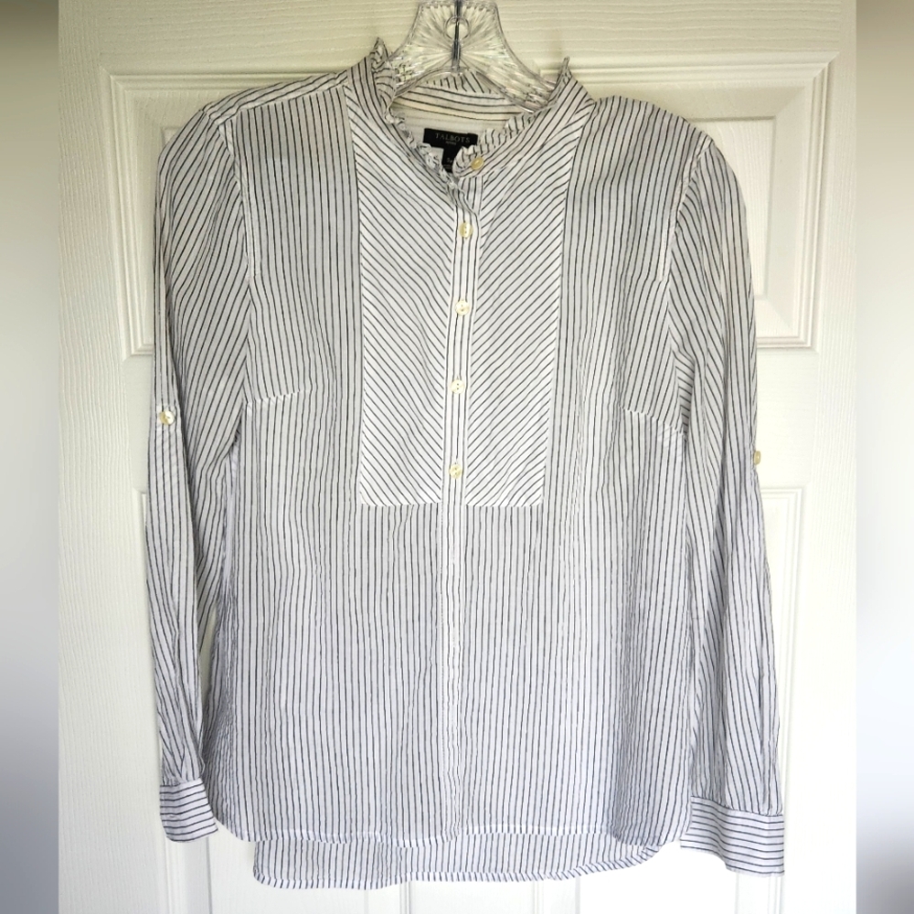Talbots Women's Casual Striped Button Down Blouse - Gray and White